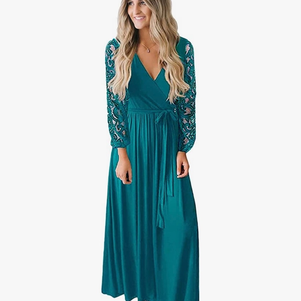 Zattcas dark green tie waist deep v neck maxi dress